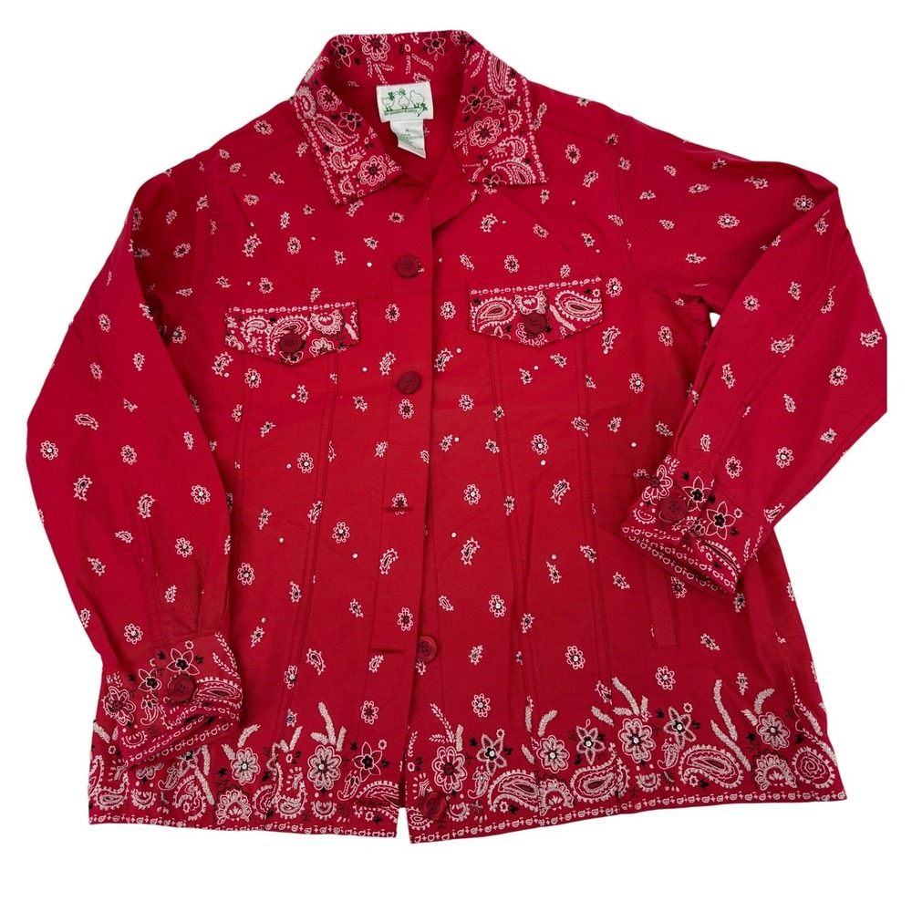 Quacker Factory Jacket Womens M Red Bandana Paisley Rhinestone Western Chore